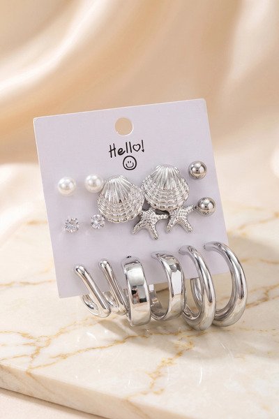 shopwave Krm Metallic Plated Silver Color Sea Shell Detailed Ccb 9 Pairs Wome...
