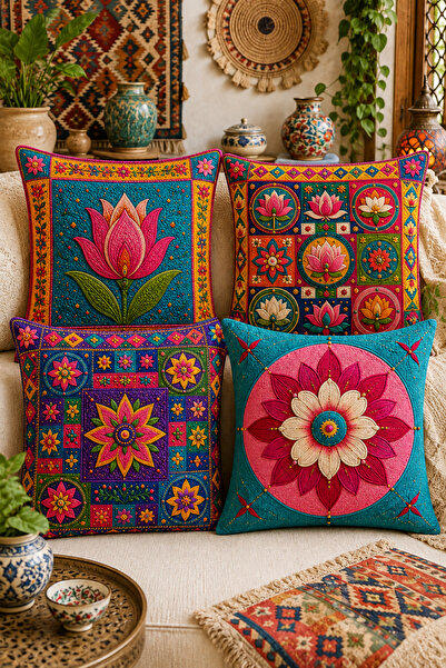 ayshome textile 3 BOYUTLU DİJİTAL BASKI Lale Maksimalist Desen 4'Lü Kırlent Kılıfı Seti 43x43