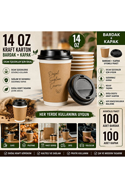 Genel Markalar 14 OZ Kraft Karton Bardak + Kapak Sıcak Soğuk İçecek Bardağı 1...
