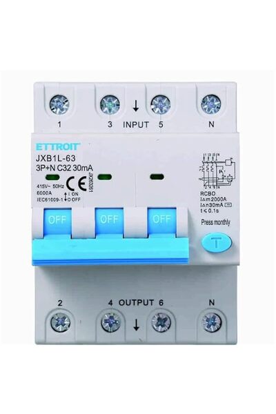Generic Circuit Breaker 3P+N 32A 30mA 380V-6KA 30mA for DIN Rail - 4 DIN Modu...