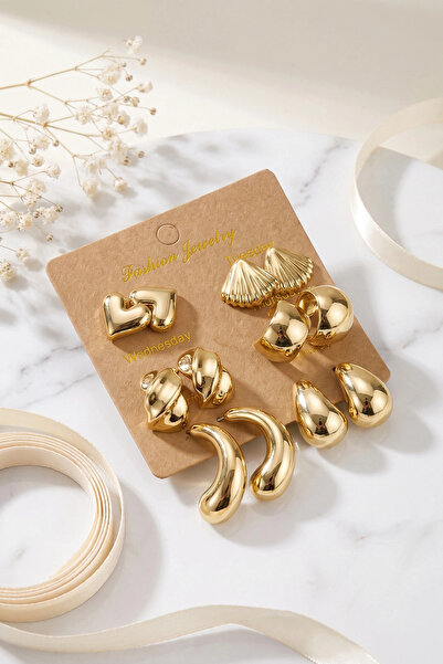 shopwave Metalik Kaplama Gold Renk CCB 6 Çift Kadın Küpe Seti