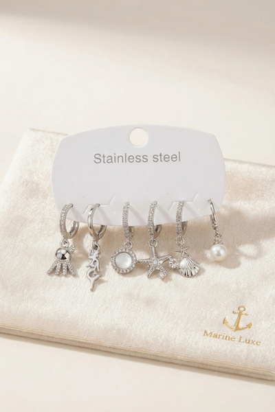 shopwave 316L Steel Silver Color Sea Concept Earring Set