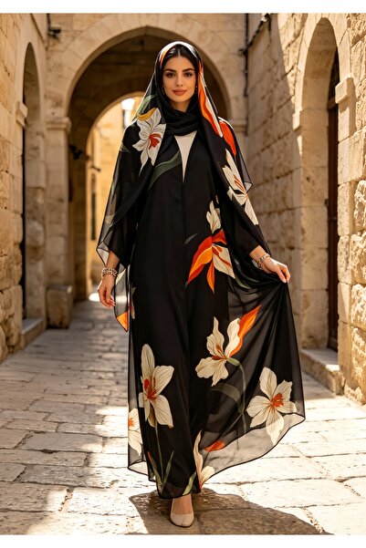 Noon Noora Printed Cardigan Jacket, Fashionable Abaya Robe with Headscarf