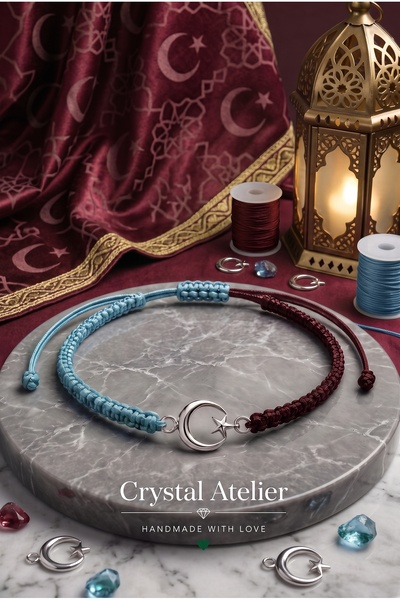 Crystal Atelier Burgundy Blue Moon Star Fan Bracelet Handmade Adjustable Macr...
