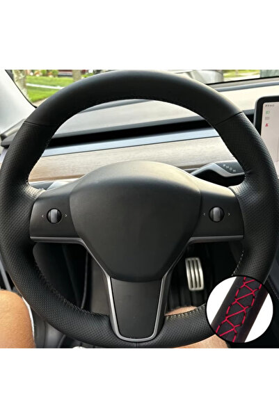 Choice1 Red Thread Hand Sewn Steering Wheel Cover On Wrap For Tesla Model 3 M...