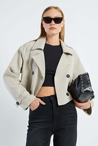 Fulla Moda Kruvaze Yaka Çift Cepli Crop Trençkot