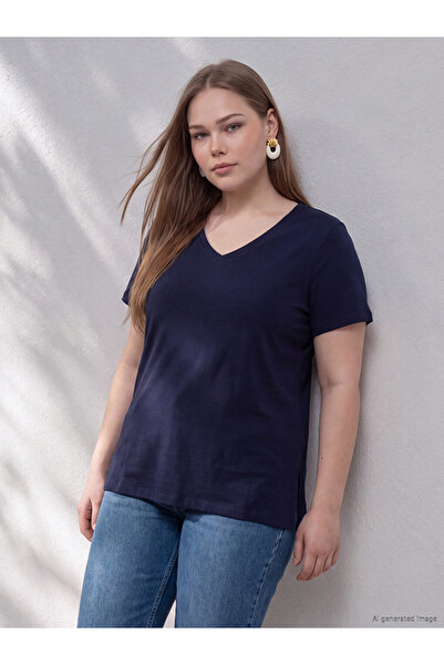 LC Waikiki Lcw Curve Navy Blue Large Size 100% Cotton Women's T-Shirt