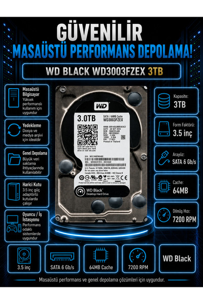 DİSK BANK 3 TB BLACK 3.5 İnç WD3003FZEX Masaüstü Bilgisayar Diski
