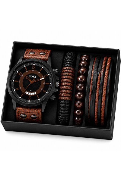 SOKI Set Ceas Maro Bărbați – Ceas cu Curea Piele & 4 Brățări, Design Elegant,...