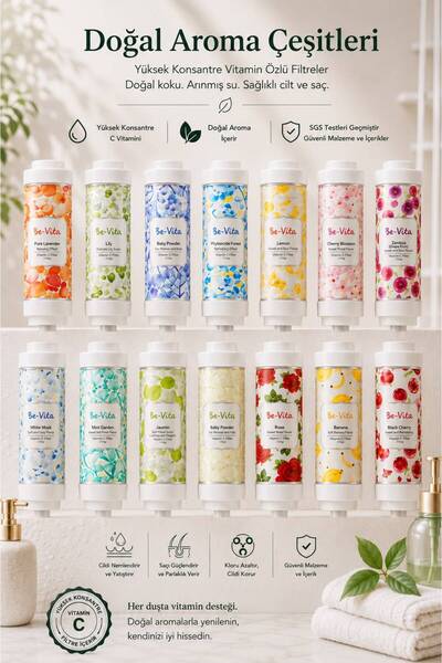 Be-Vita Pure, Baby Powder ve White Musk Duş Filtresi - Saç Dökülme Karşıtı, Cilt Besleyici Klor ve Kireç Arıtıcı Duş Filtresi