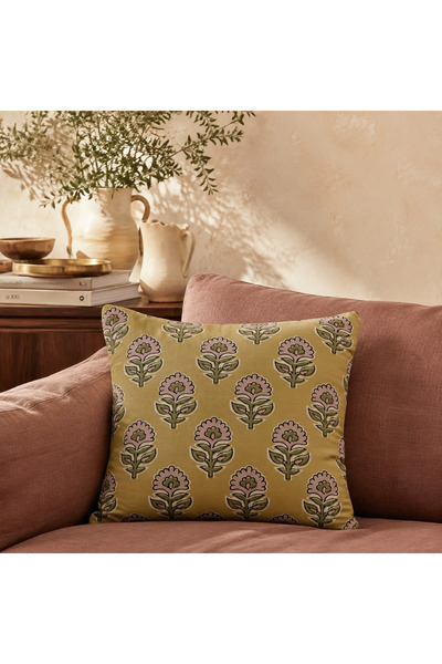 Zeytin Yeşili Çiçek Dallı Desenli Boho Vintage Kırlent Kılıfı 43x43 cm - Zeytin Yeşili-Altın Dekoratif Yastık Kılıfı