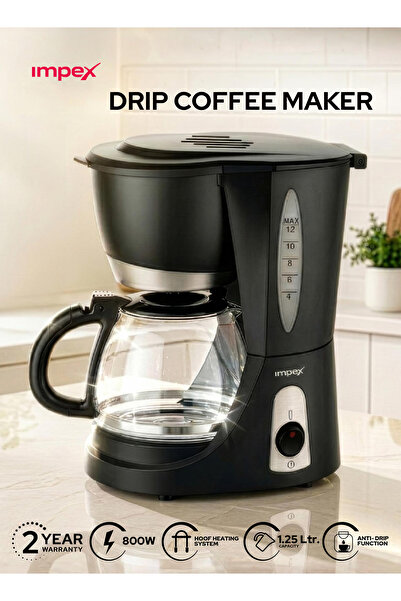 IMPEX 1.25L Drip Coffee Maker 800W, 12 Cups, Anti Drip, Warm Plate, Ultra Fin...
