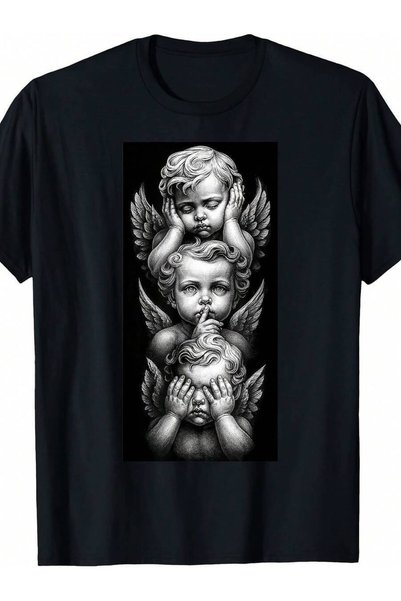 2BIR تي شيرت ريترو أيقوني بتصميم "See Speak Hear No Evil" - تي شيرت برقبة دائرية مع شكل ملاك مغطى العينين، قابل للغسل في الغسالة، قميص كاجوال مناسب لجميع المواسم