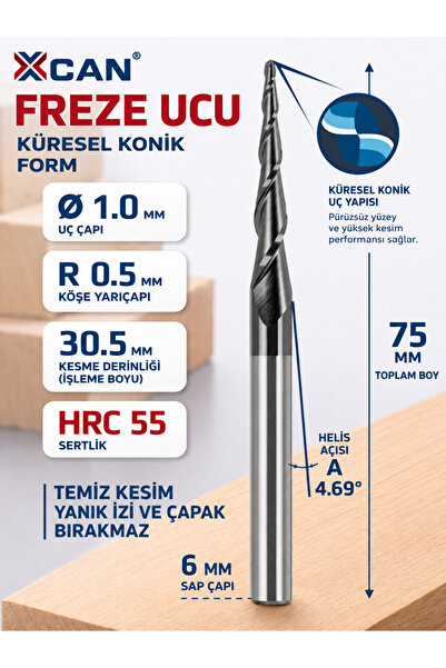 Konik Küresel Freze Ucu R0.5 Ø1 mm 6 mm Sap 75 mm CNC Freze