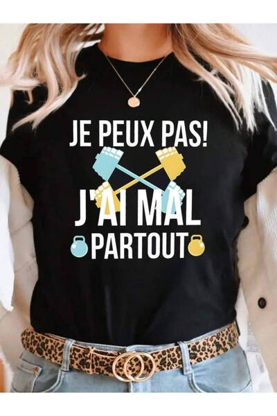 21JNRY تي شيرت نسائي كبير الحجم، فضفاض، مطبوع عليه عبارة JE PEUX PAS J'AI MAL...