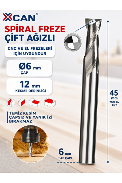 6 mm Çift Ağızlı Spiral Karbür Freze Ucu 6x12x45 mm – CNC ve El Frezesi İçin