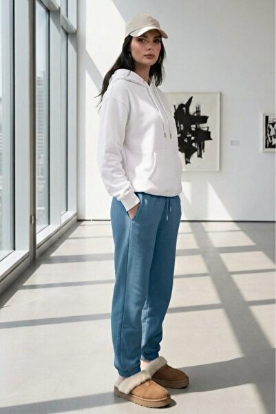 CAST COLLECTİON Women's White Hooded Sweatshirt and Petrol Blue Sweatpants Set