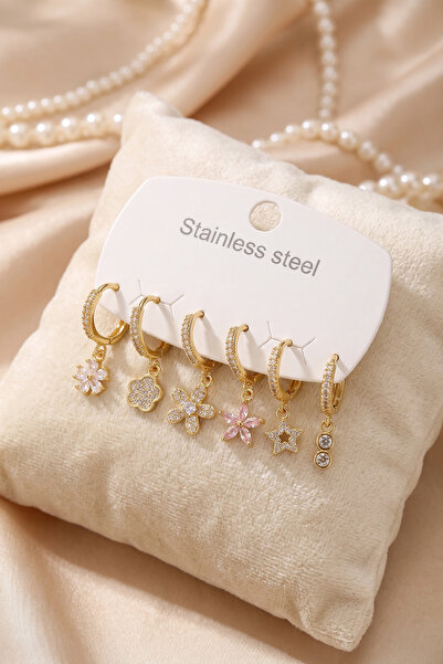 Epilons 316L Steel Gold Color Lotus Detailed Women's Earring Set