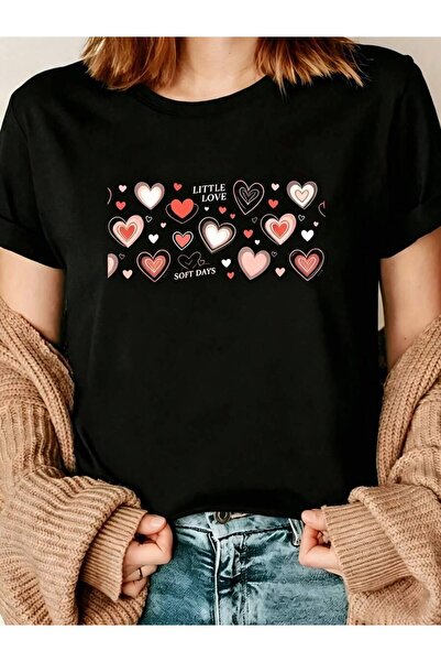 2BIR Cute Graphic Women's T-Shirt Little Love Soft Days Hearts Design Casual ...