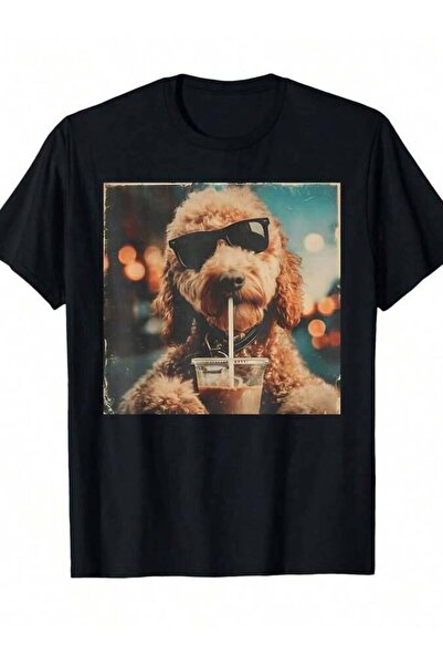 21JNRY Funny Goldendoodle Drinking Iced Coffee Dog With Sunglasses T-Shirt