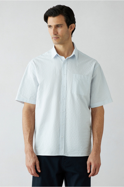 Kiğılı Short Sleeve Regular Fit Pocketed Cotton Striped Shirt