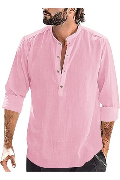 GENERAL Men's Cotton Linen Long Sleeve Shirt, Henley Shirt with Stand Collar ...
