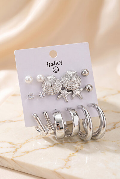 Skygo Metallic Finish Silver Color Sea Shell Detailed Ccb 9 Pairs Women's Ear...