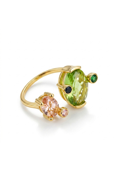Choice resizable Gold-color Adjustable Size Ladies Open Ring with Green And P...