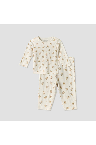 Juniors Cotton Round Neck Long Sleeves Pyjama Set with Teddy Bear Print
