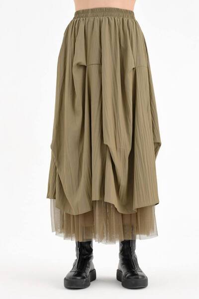 tw3 Women's Long Skirt with Tulle Fabric Detail and Elastic Waist Design