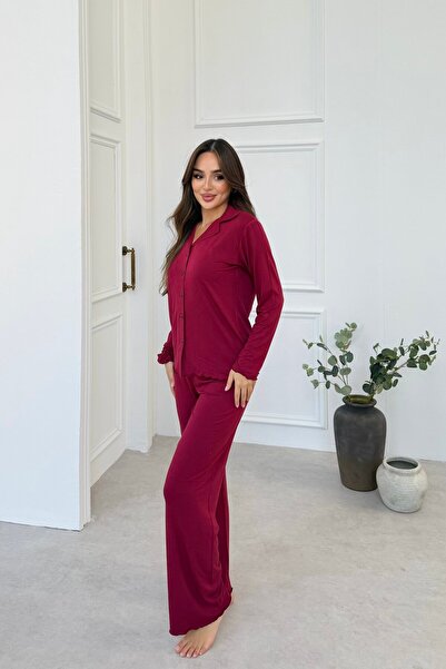 MJAMASS Vişne Modal Önden Duğmeli Pijama Takımı