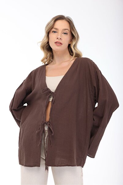 Freemen Kadın Kahverengi Oversize Keten Kimono & Bağlama Detaylı Yarasa Kol Rahat Kalıp