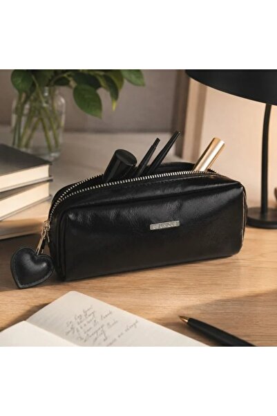 Generic Penar cilindric negru din piele artificială cu inimă 20 x 6 x 7 cm