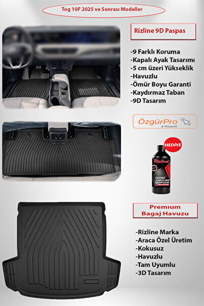 Rizline Premium Tog T10F 2025 ve Sonrası 9D Havuzlu Paspas ve Premıum Bagaj H...