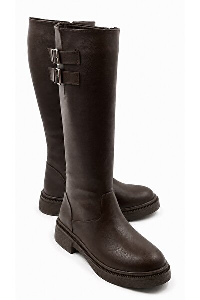 İX Tulip Women's Double Buckle Detailed Below the Knee Boots with Zipper and ...