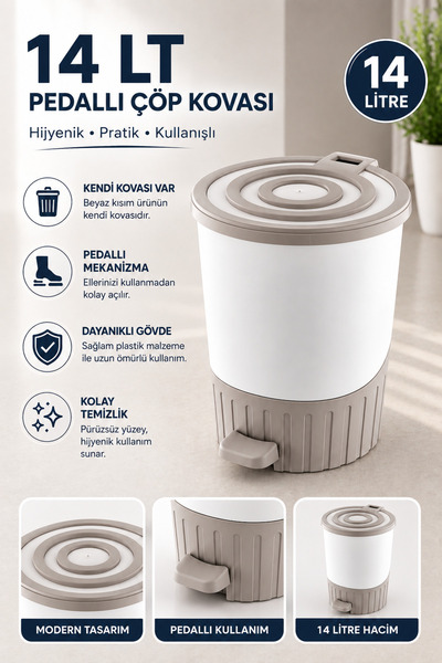 Virela Home 14 LT Pedallı Kendi Kovalı Çöp Kovası Kolay Temizlenebilir Banyo ...