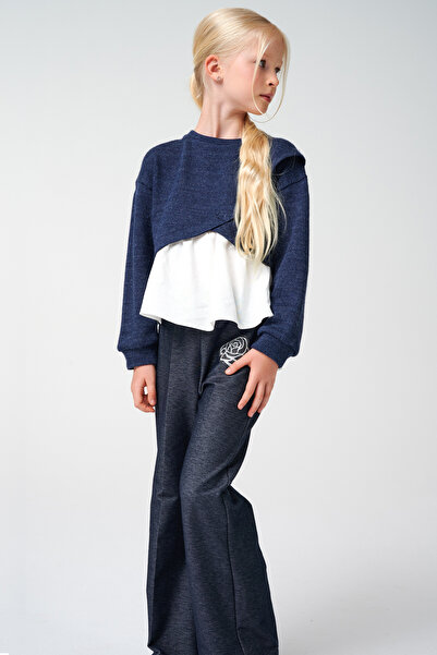 SheShe Shirt Detailed Knitwear Blouse and Navy Blue Wide-Leg Pants Set