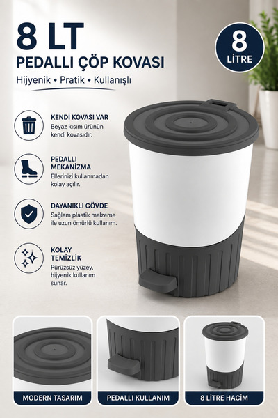 Virela Home 8 LT Pedallı Kendi Kovalı Çöp Kovası Kolay Temizlenebilir Banyo v...