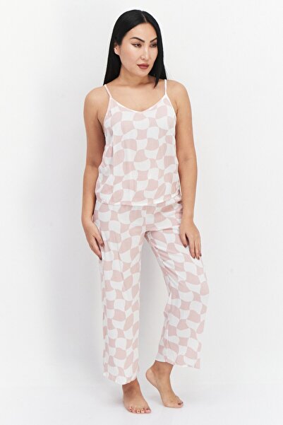 Sinsay Women 2 Pieces Checkered Pajama Set, White/Pink