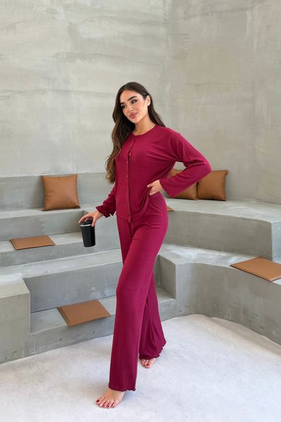 MJAMASS Önden Duğmeli Vişne Fitilli Pijama Takımı