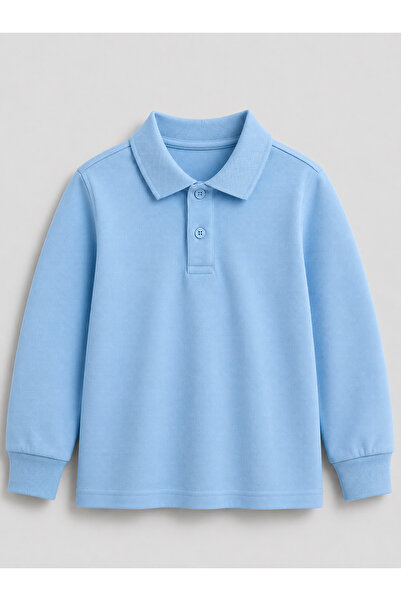 Bambino Unisex Çocuk Bebe Mavi Uzun Kollu Polo Yaka Okul Tişörtü – %100 Pamuk