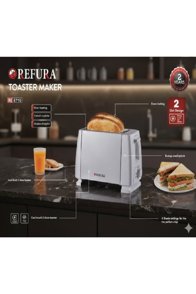 REFURA 2 Slice Electric Bread Toaster | 650W |with 6 Adjustable Shade & Tempe...