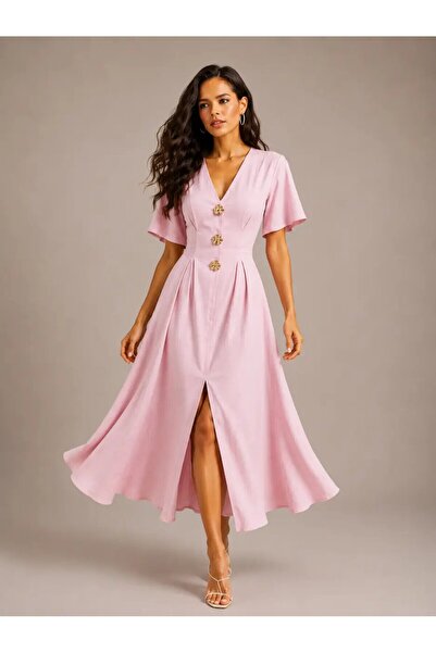 CARLA MARA V-Neck Button Detailed Slit Long Dress – Pink