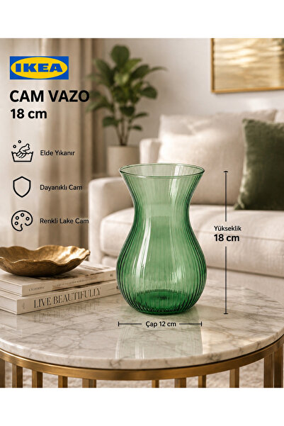 IKEA TREV Cam Vazo 18 CM Yeşil Dekoratif Şeffaf Saydam Bitki Çiçek Vazosu Yük...