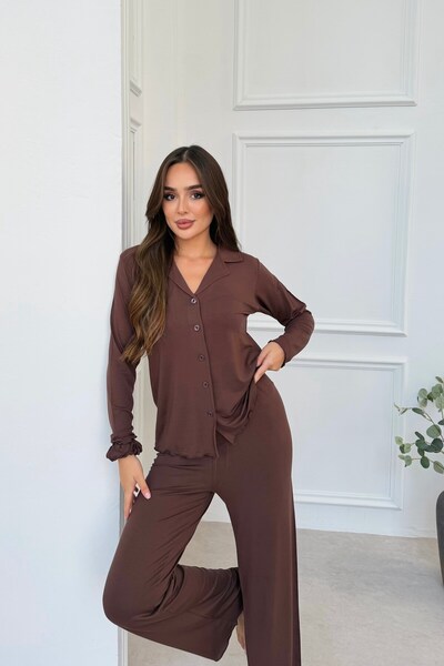 MJAMASS Brown Modal Front Buttoned Pajama Set