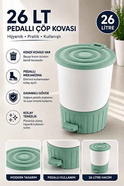 Virela Home 26 LT Pedallı Kendi Kovalı Çöp Kovası Kolay Temizlenebilir Banyo ...