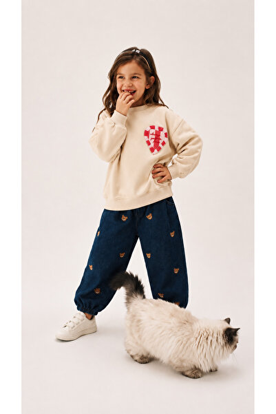 Milo Sol Milo+Sol Çocuk Unisex Ayıcık Nakışlı Denim Jean Balon Pantolon