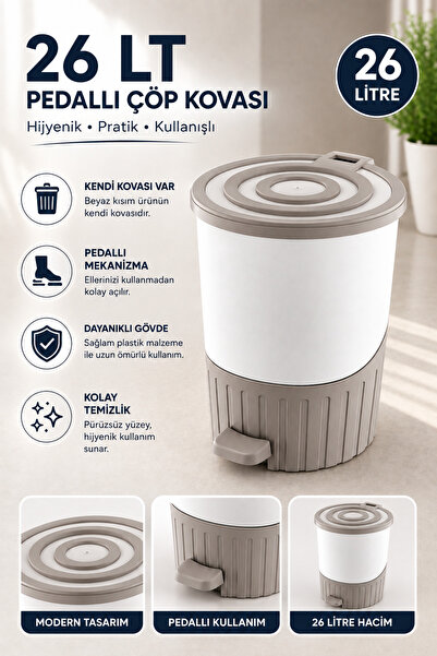 Virela Home 26 LT Pedallı Kendi Kovalı Çöp Kovası Kolay Temizlenebilir Banyo ...