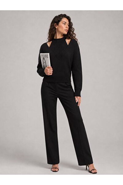 Noi Belis Layered Look V-Neck Collar Detailed Long Sleeve Knitwear Sweater Aw...