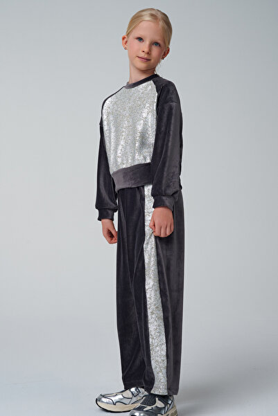 SheShe Gray Velvet Metallic Detailed Comfortable Girls' Tracksuit Set